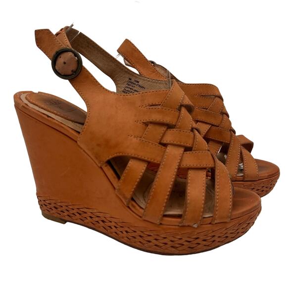Frye Brown Leather Corrina Strappy Weave Wedge Platform Heels Size 8 - Picture 1 of 10
